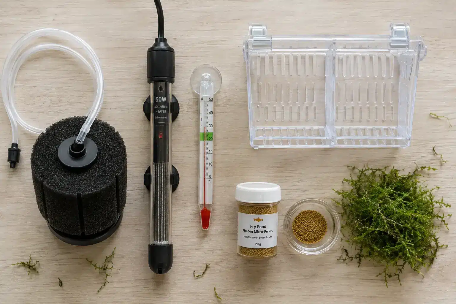 Equipment needed for breeding guppies, including a sponge filter, heater, breeding box, and fry food.