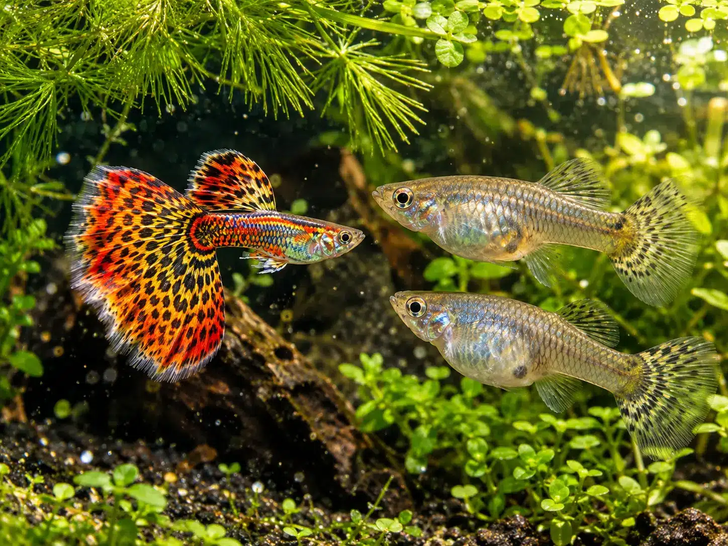 Male and female guppies in a planted breeding aquarium