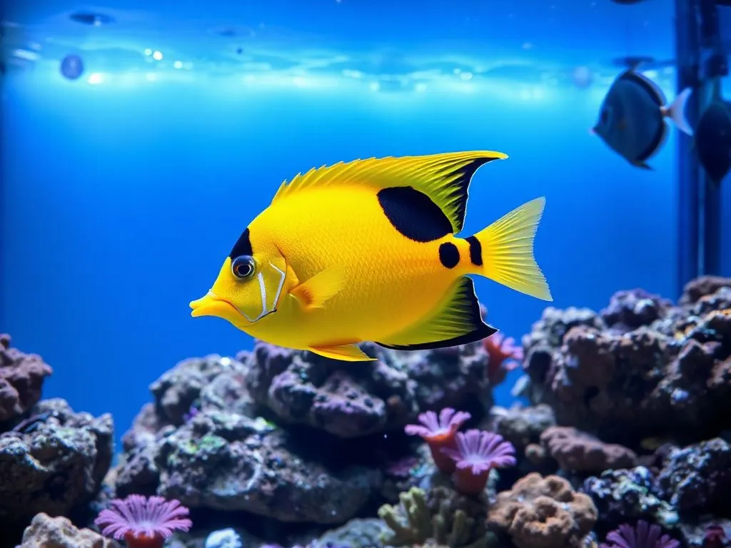 A vibrant Flagfin Angelfish swimming in a beautifully aquascaped marine tank, showcasing bright yellow body with striking black spots, crystal clear water, lush live rock and corals, professional photography style, high quality, natural lighting, detailed.